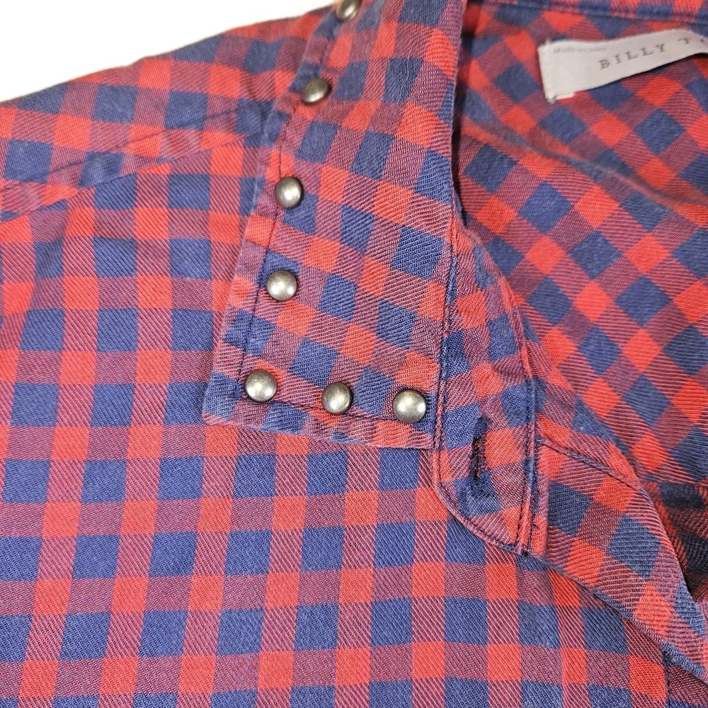 Billy T Shirt Dress Small Red Blue Plaid Studded High Low Button Roll Tab Sleeve - Picture 3 of 10